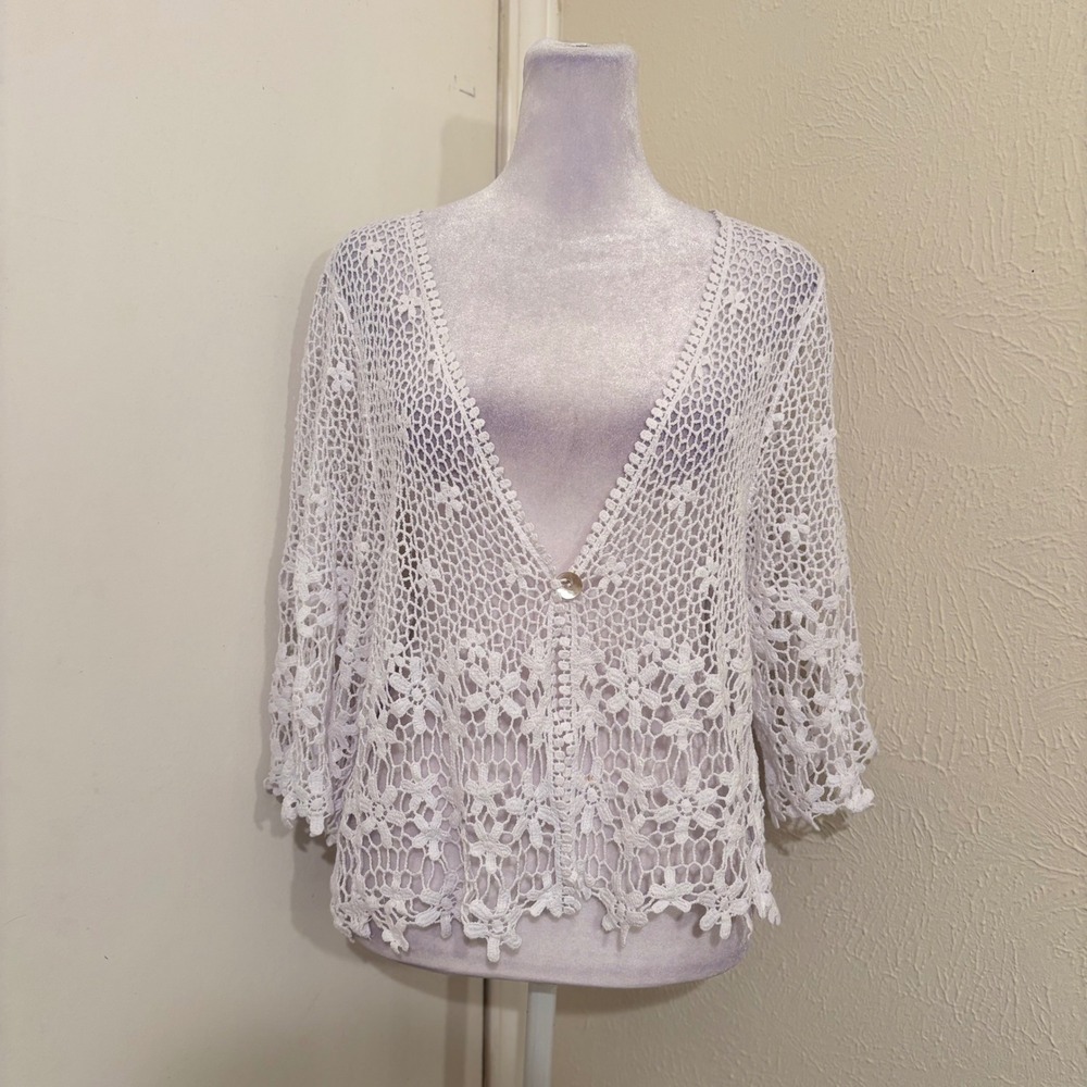 Rabbit Rabbit Rabbit White Crochet Floral Lace Mesh One Button Cardigan XL Fairy